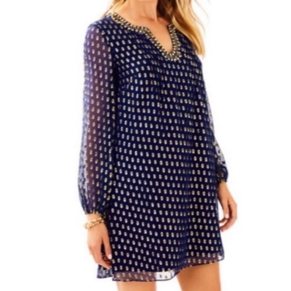 Lilly Pulitzer slik navy and gold dot mini dress size 0